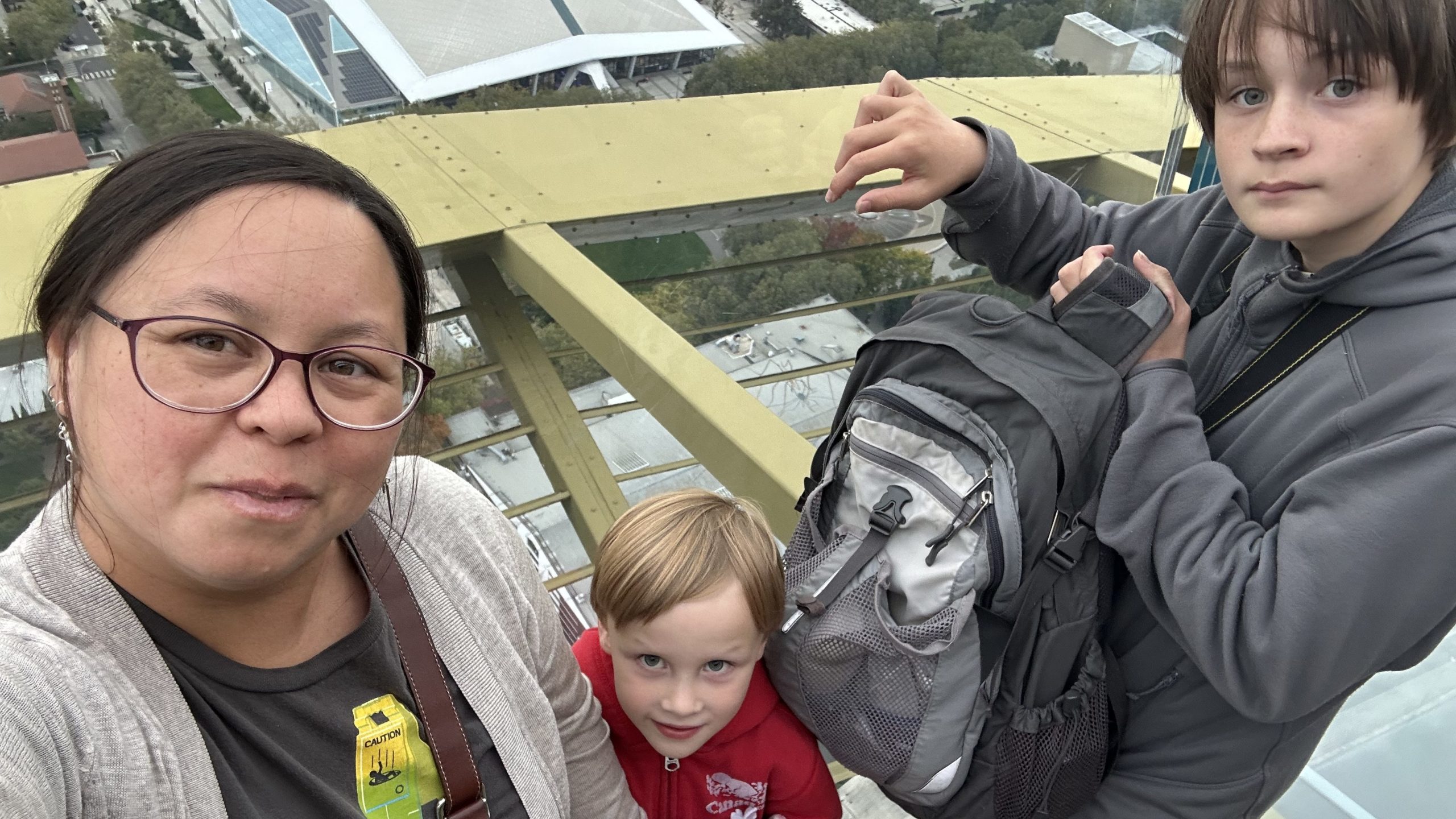 Amanda, Edwin, Richard's backpack, and Quine at the Space Needle.